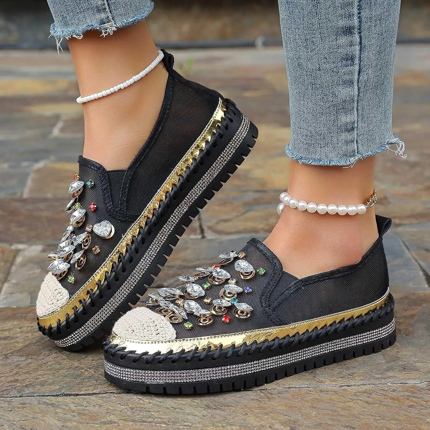 Women's Casual Slip On Loafers Fashion Breathable Mesh Platform Shoes with Rhinestone Decorations for Spring