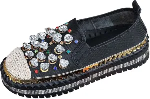 Women's Casual Slip On Loafers Fashion Breathable Mesh Platform Shoes with Rhinestone Decorations for Spring