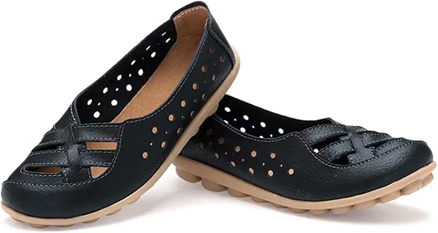 Women's Cowhide Leather Shoes Loafer Casual Slip On Shoe Driving Moccasins Closed Toe Boat Flats Walking Sandals