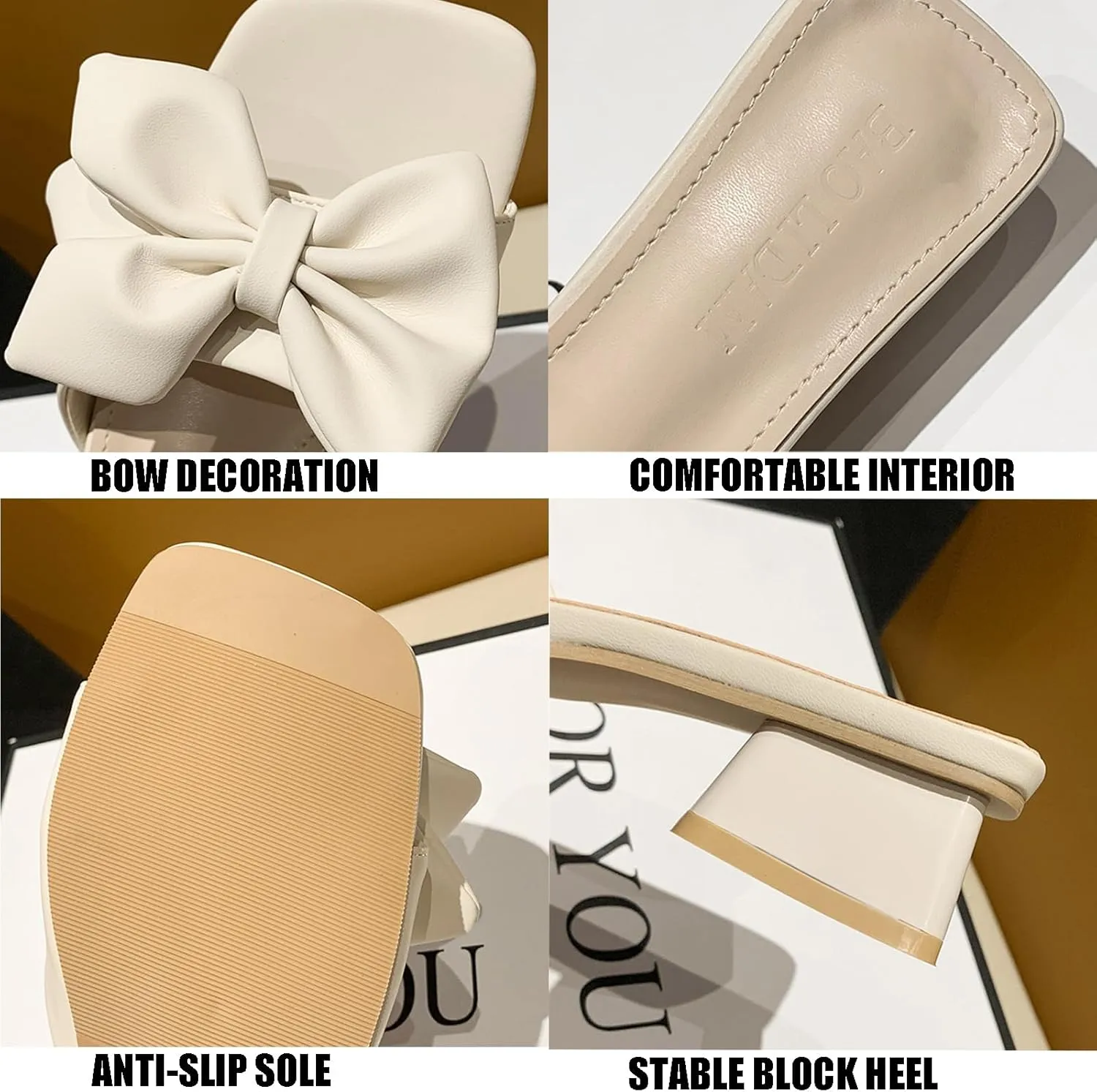 Women's Fashion Bowknot Chunky Heel Mule Sandals Square Open Toe Slip On Mid Block Heels Slide Sandals Sexy Wedding Bridal Party Dress Shoes
