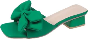 Women's Fashion Bowknot Chunky Heel Mule Sandals Square Open Toe Slip On Mid Block Heels Slide Sandals Sexy Wedding Bridal Party Dress Shoes