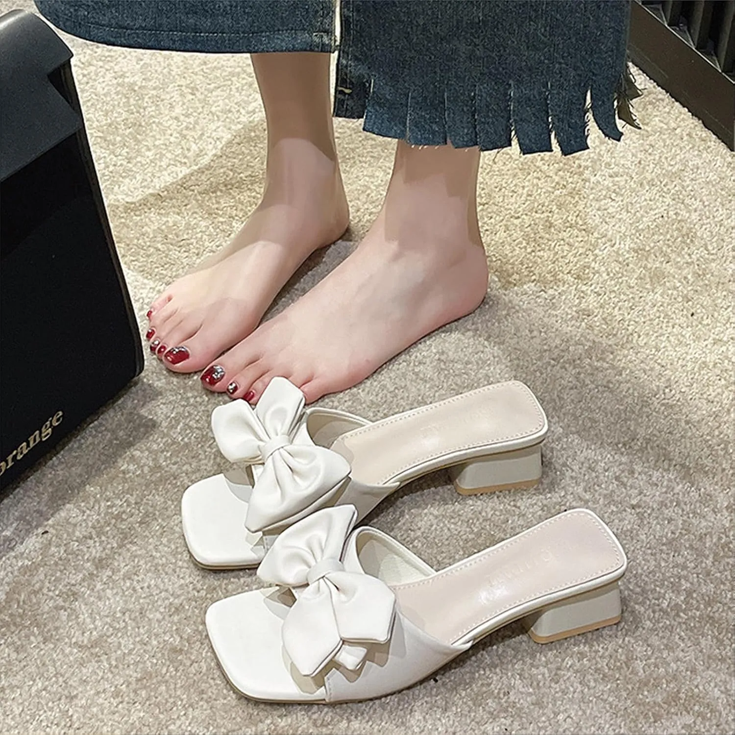 Women's Fashion Bowknot Chunky Heel Mule Sandals Square Open Toe Slip On Mid Block Heels Slide Sandals Sexy Wedding Bridal Party Dress Shoes