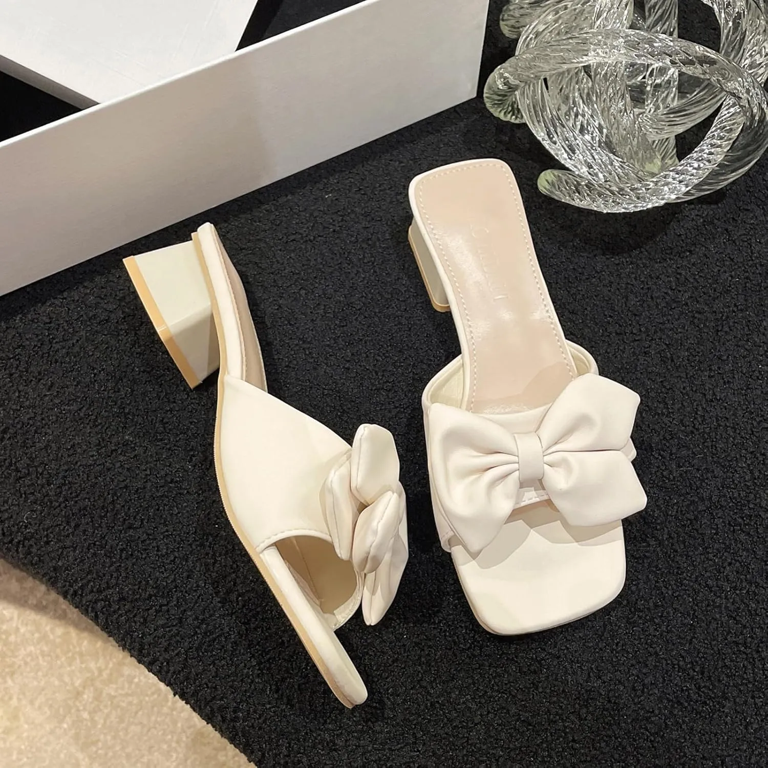 Women's Fashion Bowknot Chunky Heel Mule Sandals Square Open Toe Slip On Mid Block Heels Slide Sandals Sexy Wedding Bridal Party Dress Shoes
