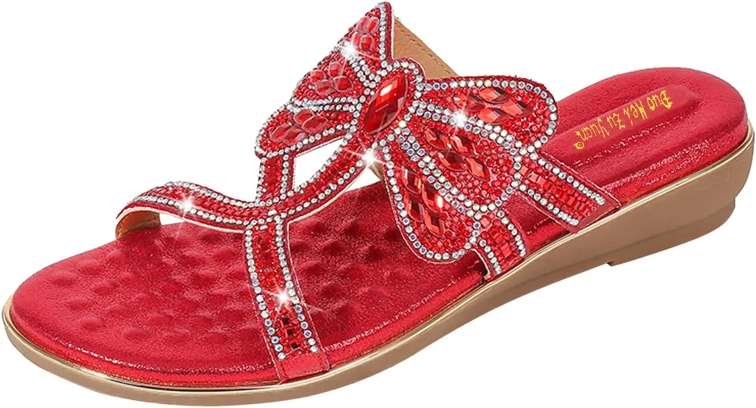 Women's Fashion Rhinestones Dragonfly Sandals T-Strap Bohemian Sandals Breathable Dressy Summer Outdoor Slip On Flat Shoes