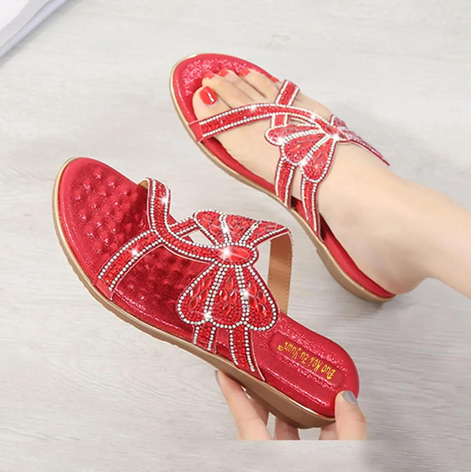 Women's Fashion Rhinestones Dragonfly Sandals T-Strap Bohemian Sandals Breathable Dressy Summer Outdoor Slip On Flat Shoes