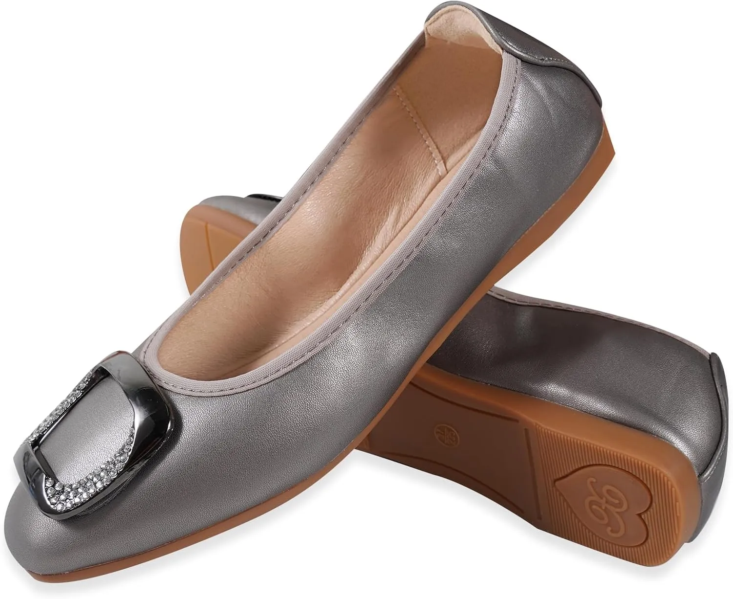 Womens Foldable Soft Ballet Flats Square Toe Sparkly Beads Comfortable Slip On Ballerina Dress Flat Shoes