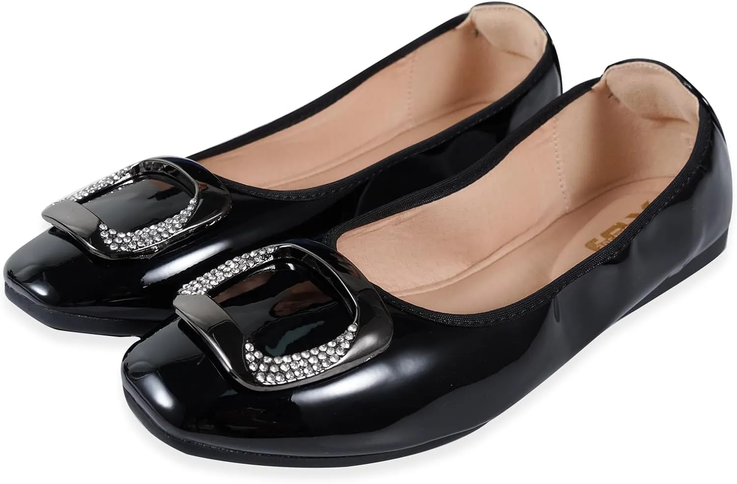 Womens Foldable Soft Ballet Flats Square Toe Sparkly Beads Comfortable Slip On Ballerina Dress Flat Shoes