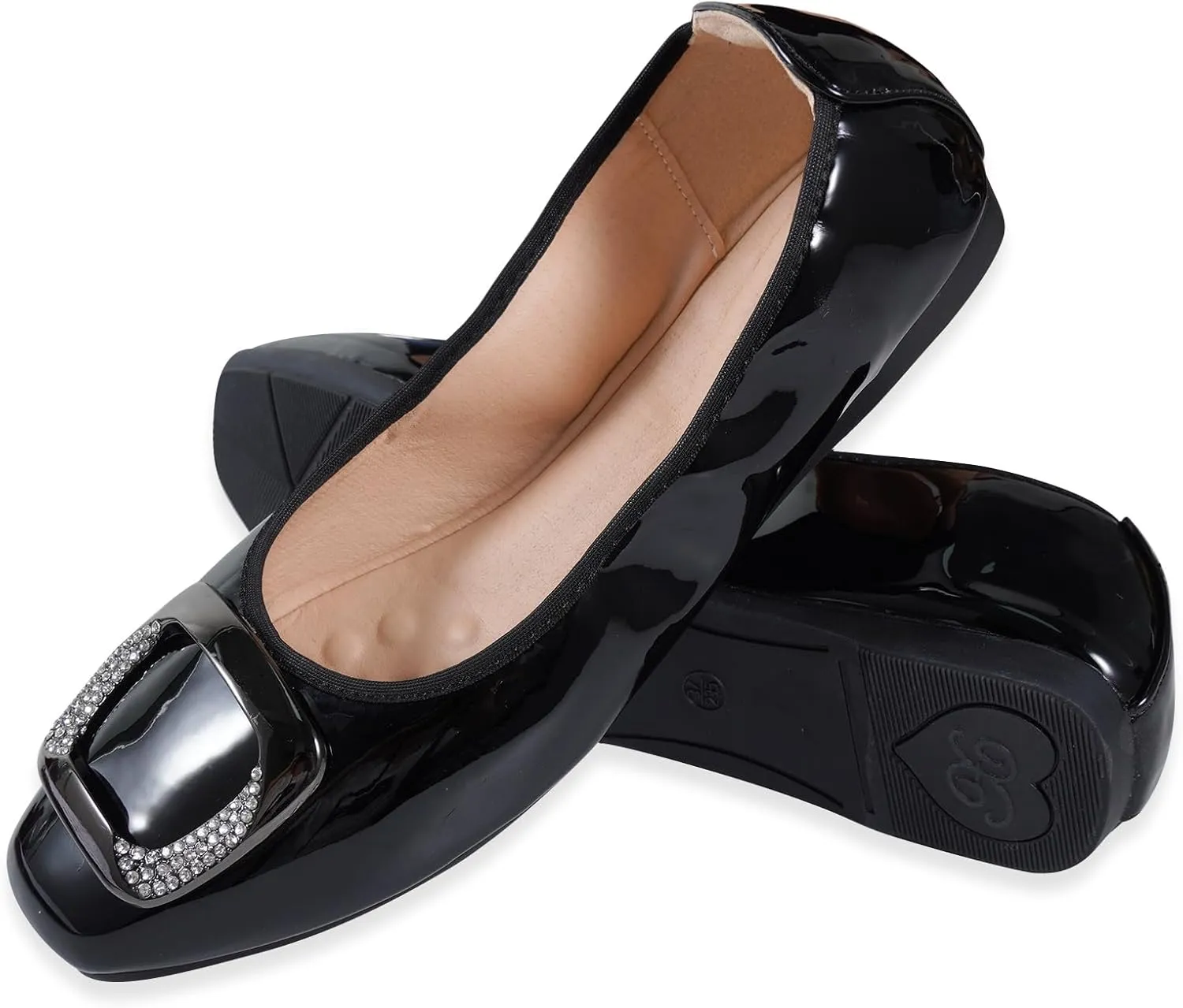 Womens Foldable Soft Ballet Flats Square Toe Sparkly Beads Comfortable Slip On Ballerina Dress Flat Shoes