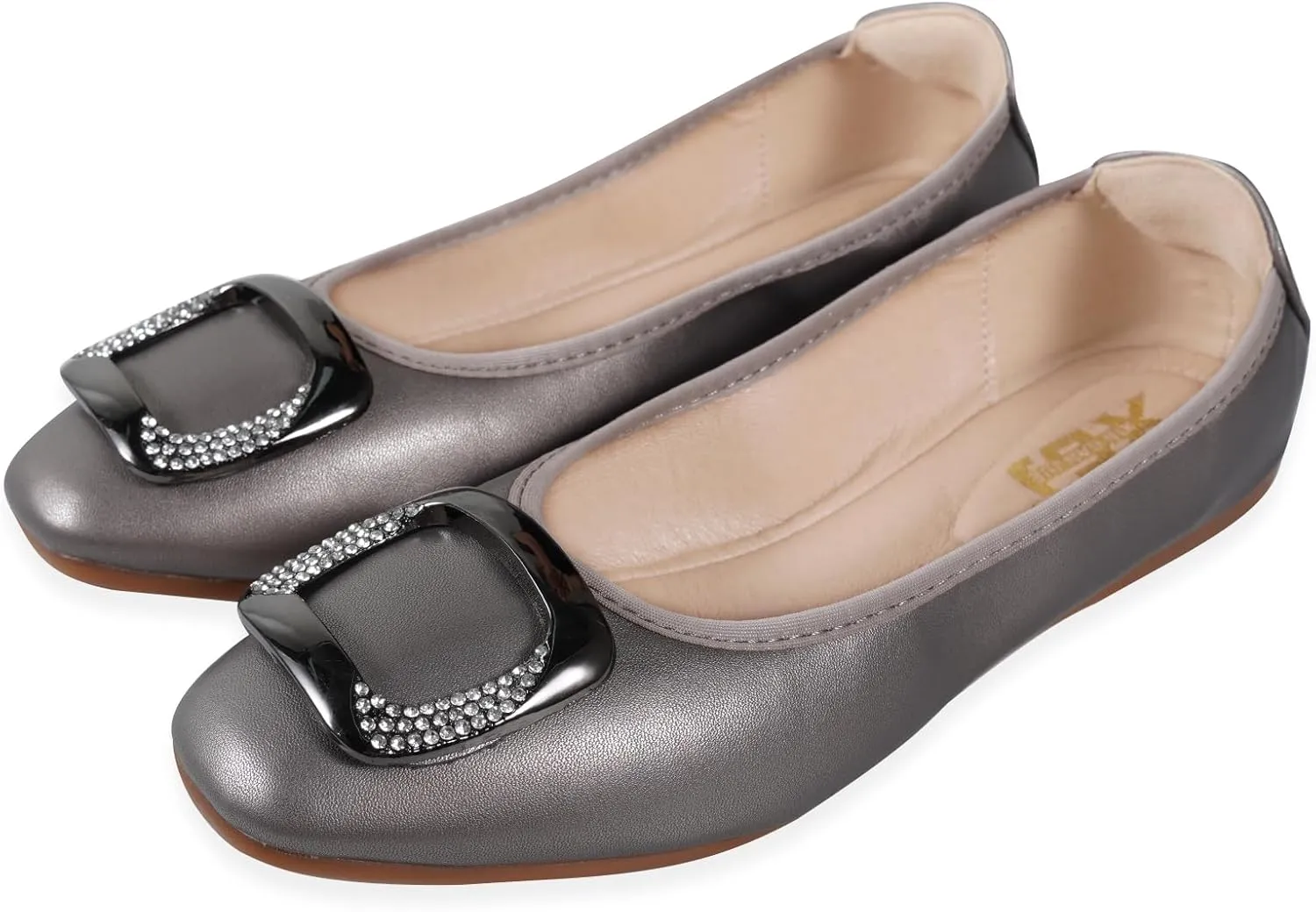 Womens Foldable Soft Ballet Flats Square Toe Sparkly Beads Comfortable Slip On Ballerina Dress Flat Shoes