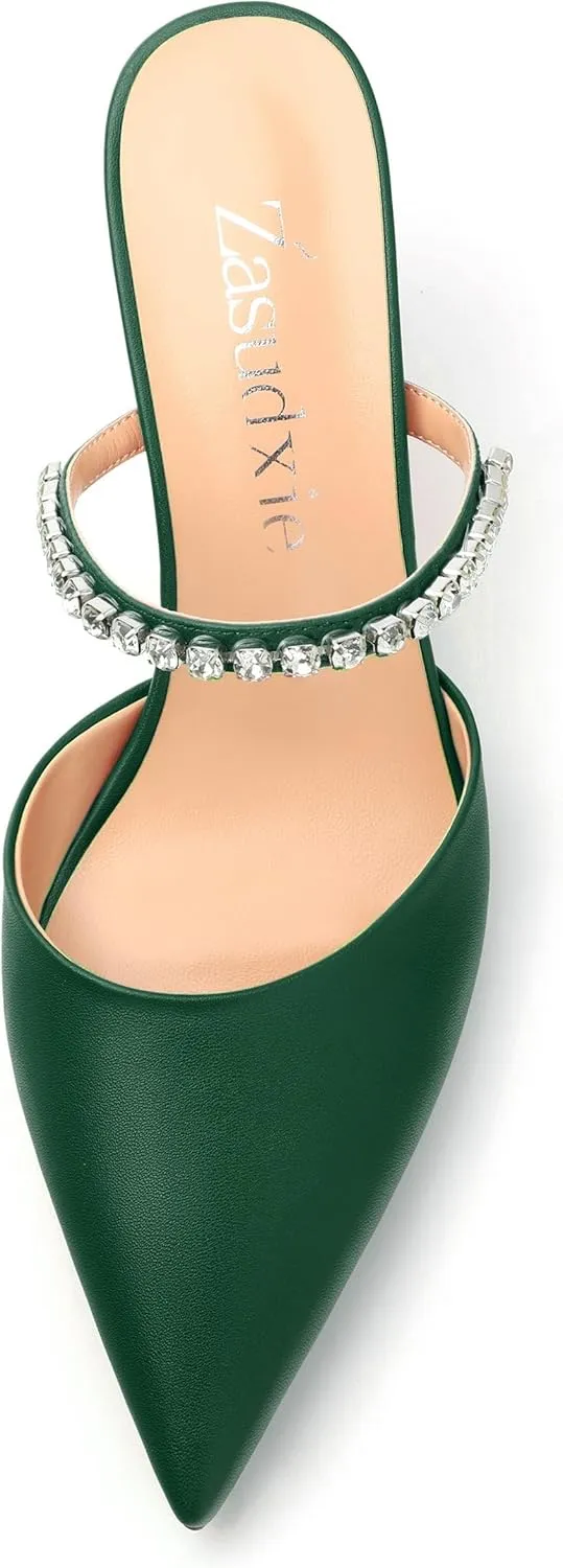 Women's Heeled Mules Rhinestone Strap Pointed Toe Pumps Stiletto Mid Heels Slip On Wedding Party Sandals for Women 2.5 Inch