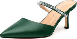 Women's Heeled Mules Rhinestone Strap Pointed Toe Pumps Stiletto Mid Heels Slip On Wedding Party Sandals for Women 2.5 Inch
