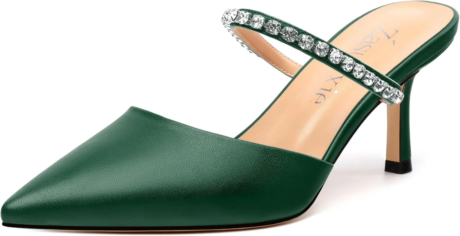 Women's Heeled Mules Rhinestone Strap Pointed Toe Pumps Stiletto Mid Heels Slip On Wedding Party Sandals for Women 2.5 Inch