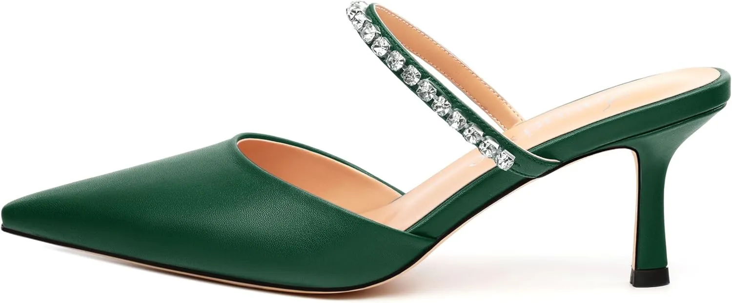 Women's Heeled Mules Rhinestone Strap Pointed Toe Pumps Stiletto Mid Heels Slip On Wedding Party Sandals for Women 2.5 Inch
