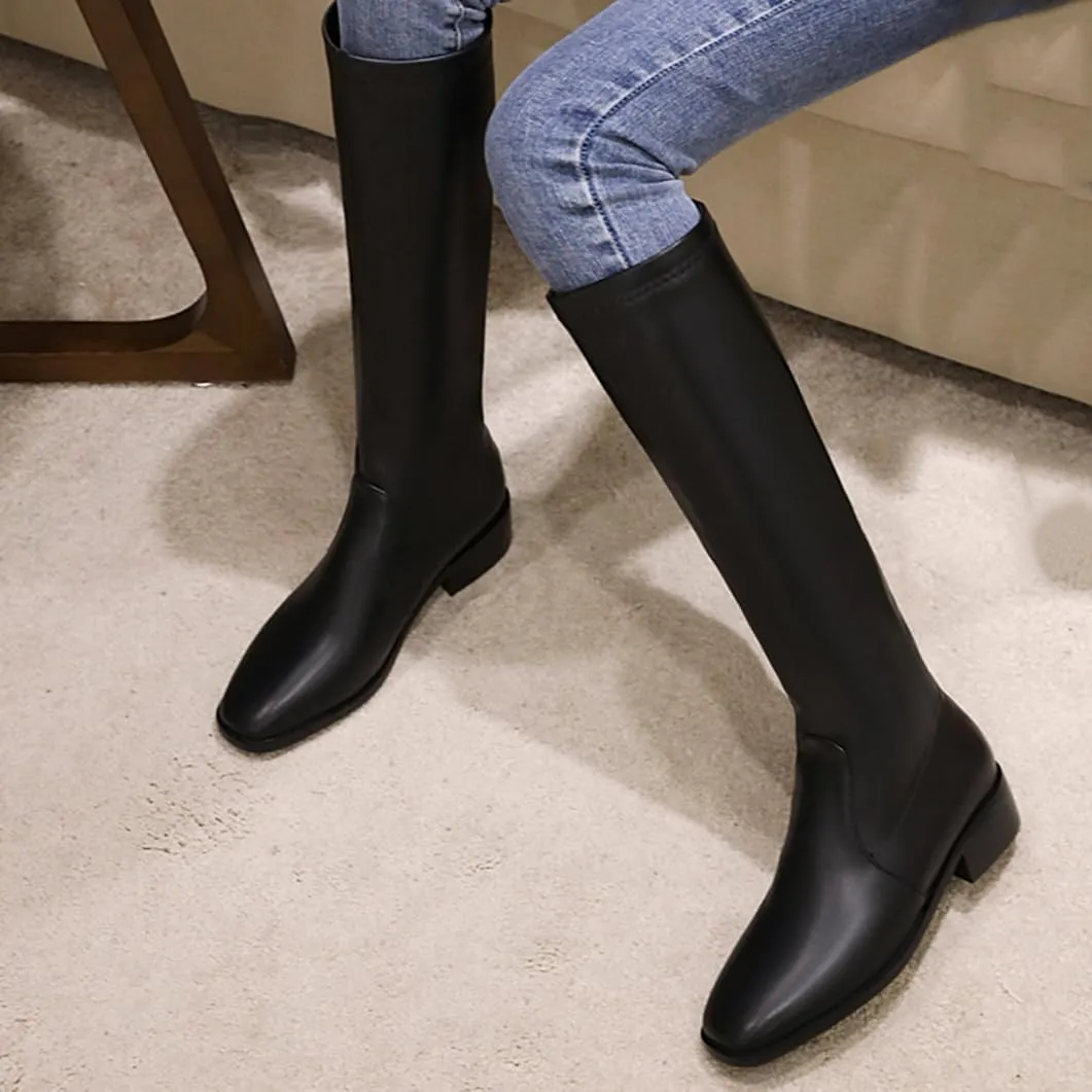 Women's Knee High Flat Boots Tall Riding Boots Square Toe Side Zip Chunky Low Heel Boots