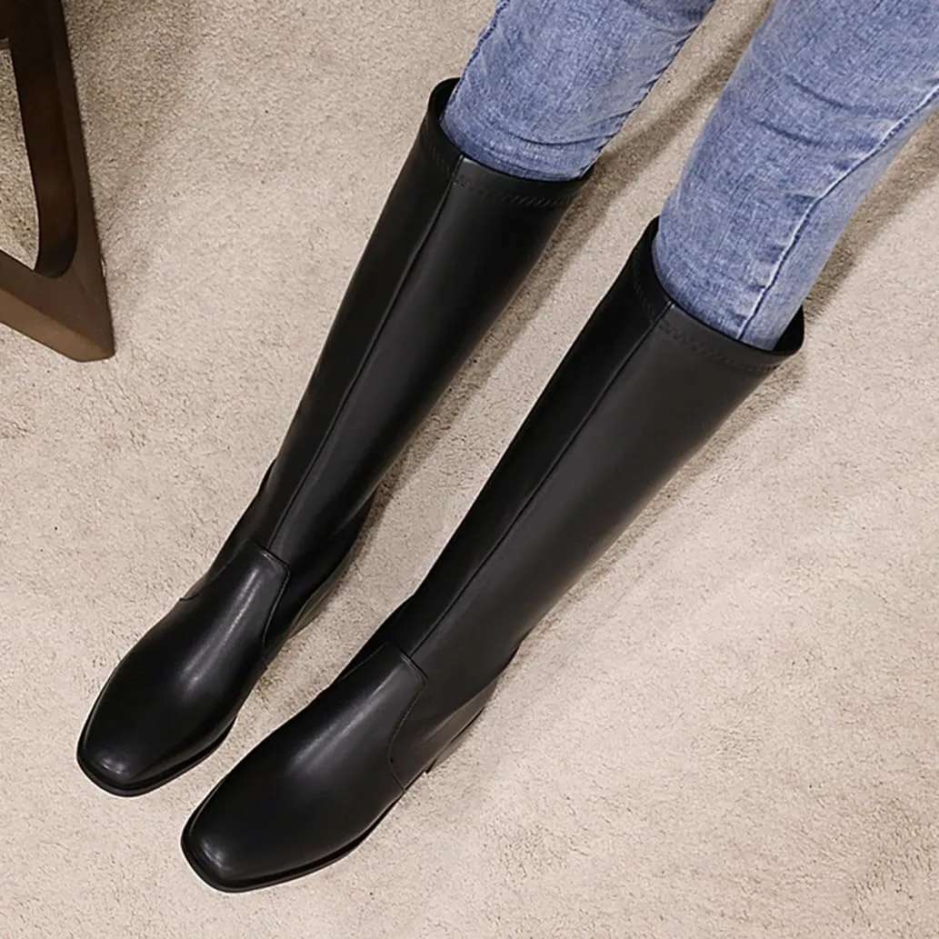 Women's Knee High Flat Boots Tall Riding Boots Square Toe Side Zip Chunky Low Heel Boots