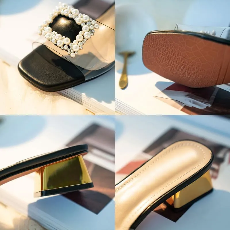 Women's Low Heels Clear Sandals Slip On Block Heel Chunky Wedding Dress Shoes