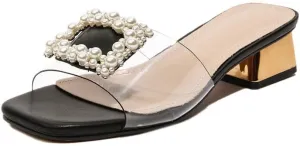 Women's Low Heels Clear Sandals Slip On Block Heel Chunky Wedding Dress Shoes