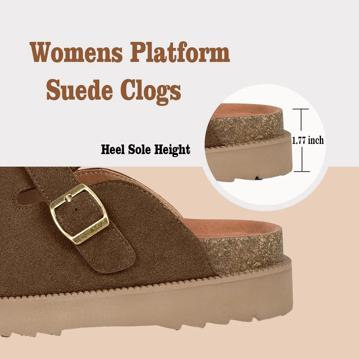 Women's Suede Clogs Leather Mules Comfort Cork Footbed Platform Clogs Adjustable Buckle Slip On Sandals Potato Shoes with Arch Support