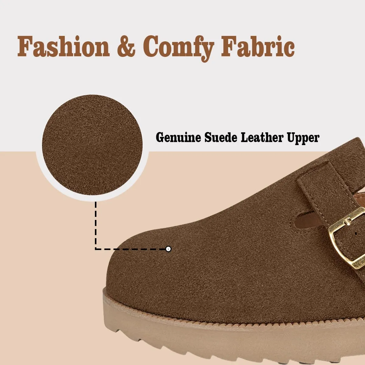 Women's Suede Clogs Leather Mules Comfort Cork Footbed Platform Clogs Adjustable Buckle Slip On Sandals Potato Shoes with Arch Support