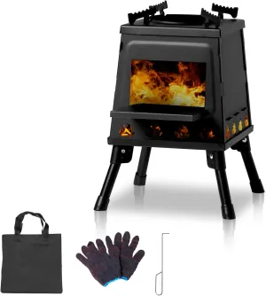 Wood Camping Wood Stove, Wood Burning Camp Stove, Portable Cast Iron Camping Wood Stove, Black Woodstove with Carrying Case for Backpacking Outdoor Cooking, Small