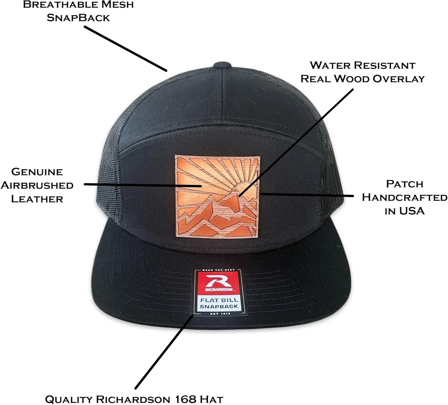 WoodHide© Mountain Sunrise Hat – Trucker Cap for Men – Richardson 112 or 168 Snapback – Outdoor Mountain Scene Baseball Hat
