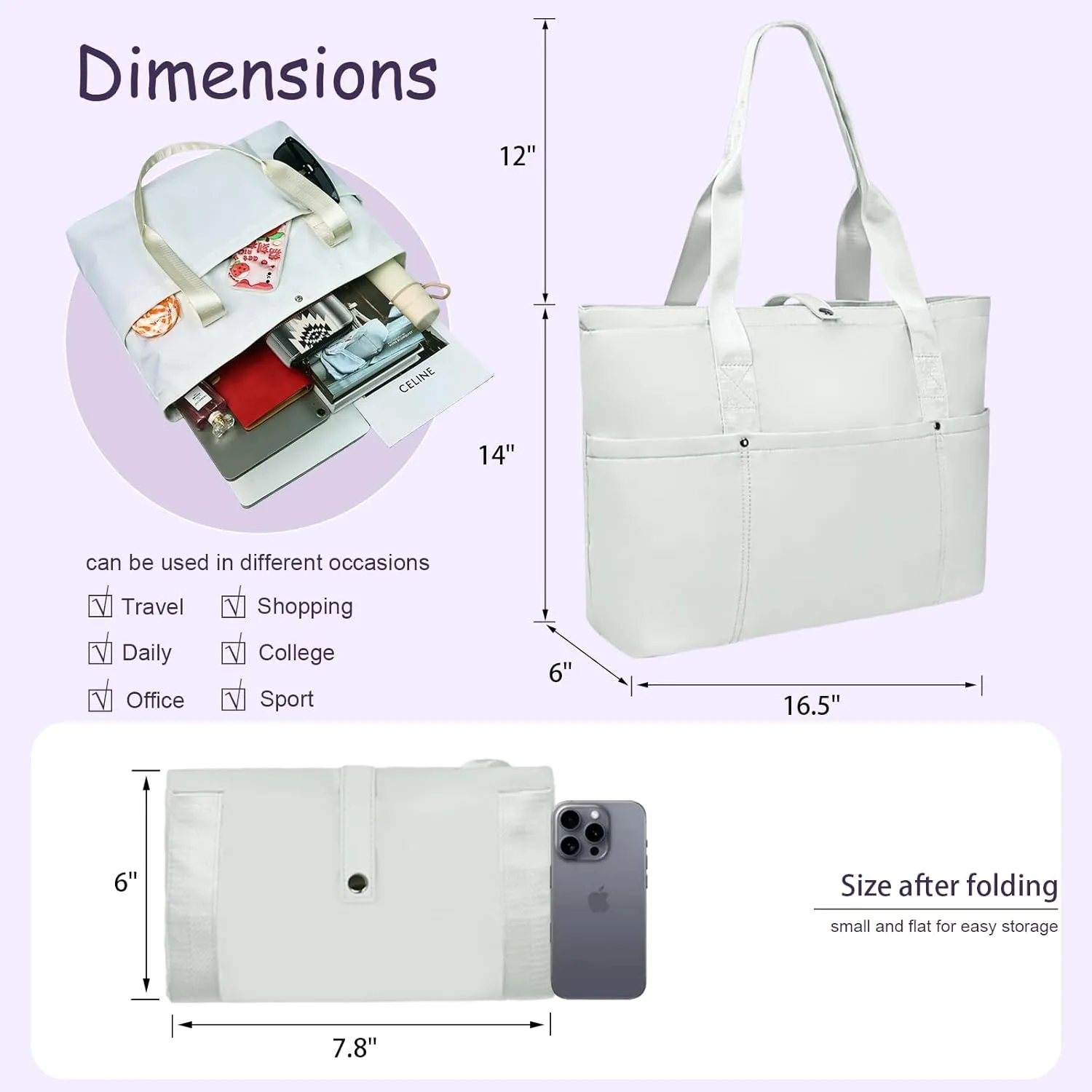 Work Bags for Women- Nursing Clinical Bag with Zipper Large Foldable Travel Bag Water-Resistant Handbag