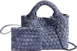 Woven Tote Bag for Women with Coin Purse, Foldable Chain Small Crossbody Handbags, Fashion Shoulder Bag, Hobo Satchel