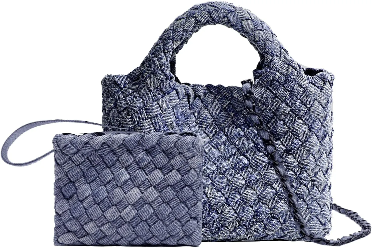 Woven Tote Bag for Women with Coin Purse, Foldable Chain Small Crossbody Handbags, Fashion Shoulder Bag, Hobo Satchel