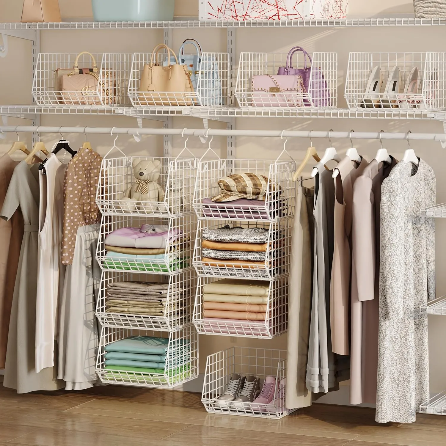 X-cosrack 4 Tier Closet Hanging Organizer, Foldable Closet Shelving with 2 Hanging Hooks 5 S Hooks, Wire Storage Basket for Wardrobe Laundry Room, for Clothing Sweaters Shoes Handbags Patent-White
