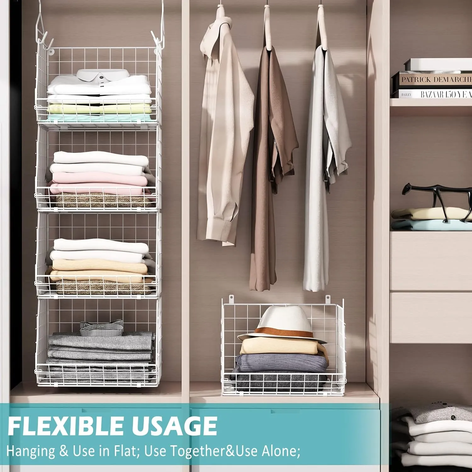 X-cosrack 4 Tier Closet Hanging Organizer, Foldable Closet Shelving with 2 Hanging Hooks 5 S Hooks, Wire Storage Basket for Wardrobe Laundry Room, for Clothing Sweaters Shoes Handbags Patent-White