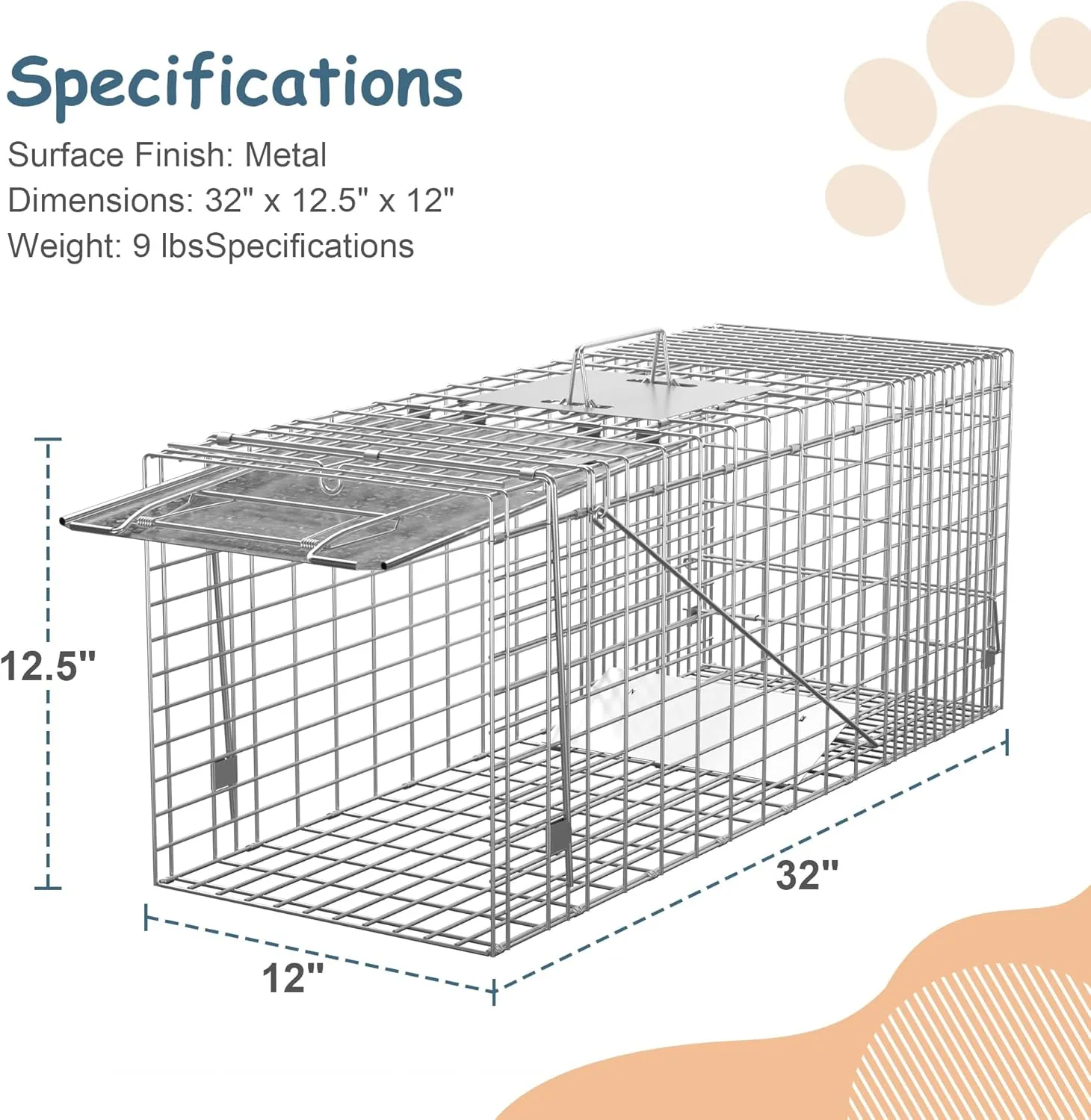 ZENY Live Animal Cage Trap 32" X 12.5" X 12" w/Iron Door Steel Cage Catch Release Humane Rodent Cage for Rabbits, Stray Cat, Squirrel, Raccoon, Mole, Gopher, Chicken, Opossum, Skunk & Chipmunks