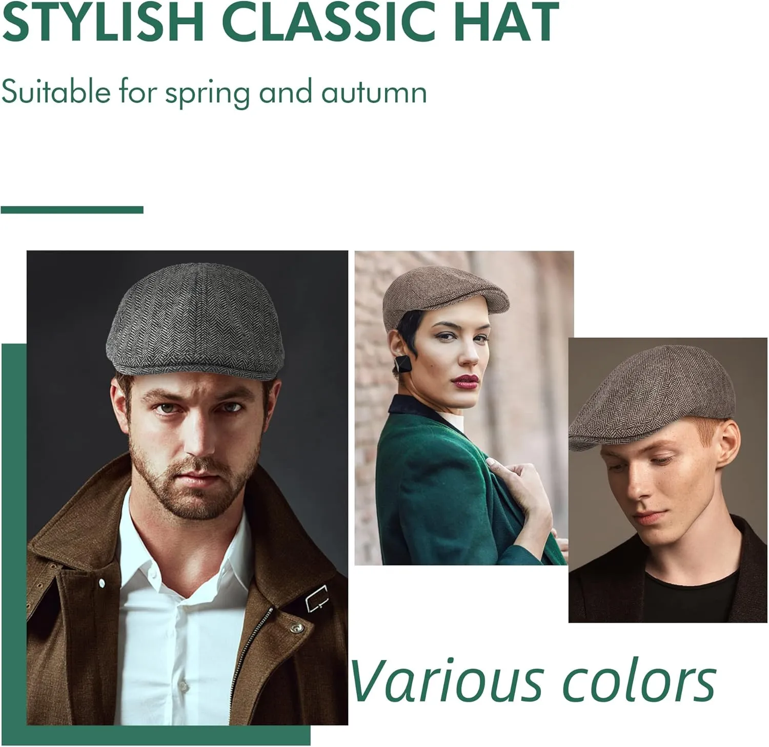 zowya Men's Black Brown Flat caps and Hats, Newsboy Caps Herringbone for Men Women British Style wear
