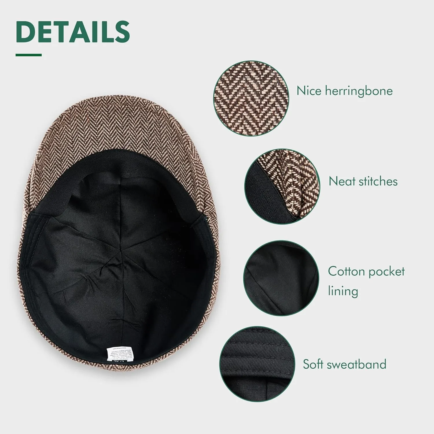 zowya Men's Black Brown Flat caps and Hats, Newsboy Caps Herringbone for Men Women British Style wear