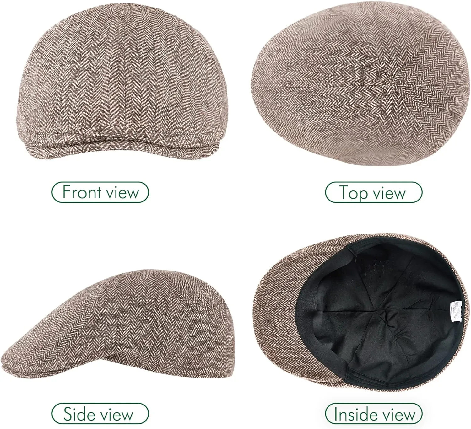 zowya Men's Black Brown Flat caps and Hats, Newsboy Caps Herringbone for Men Women British Style wear
