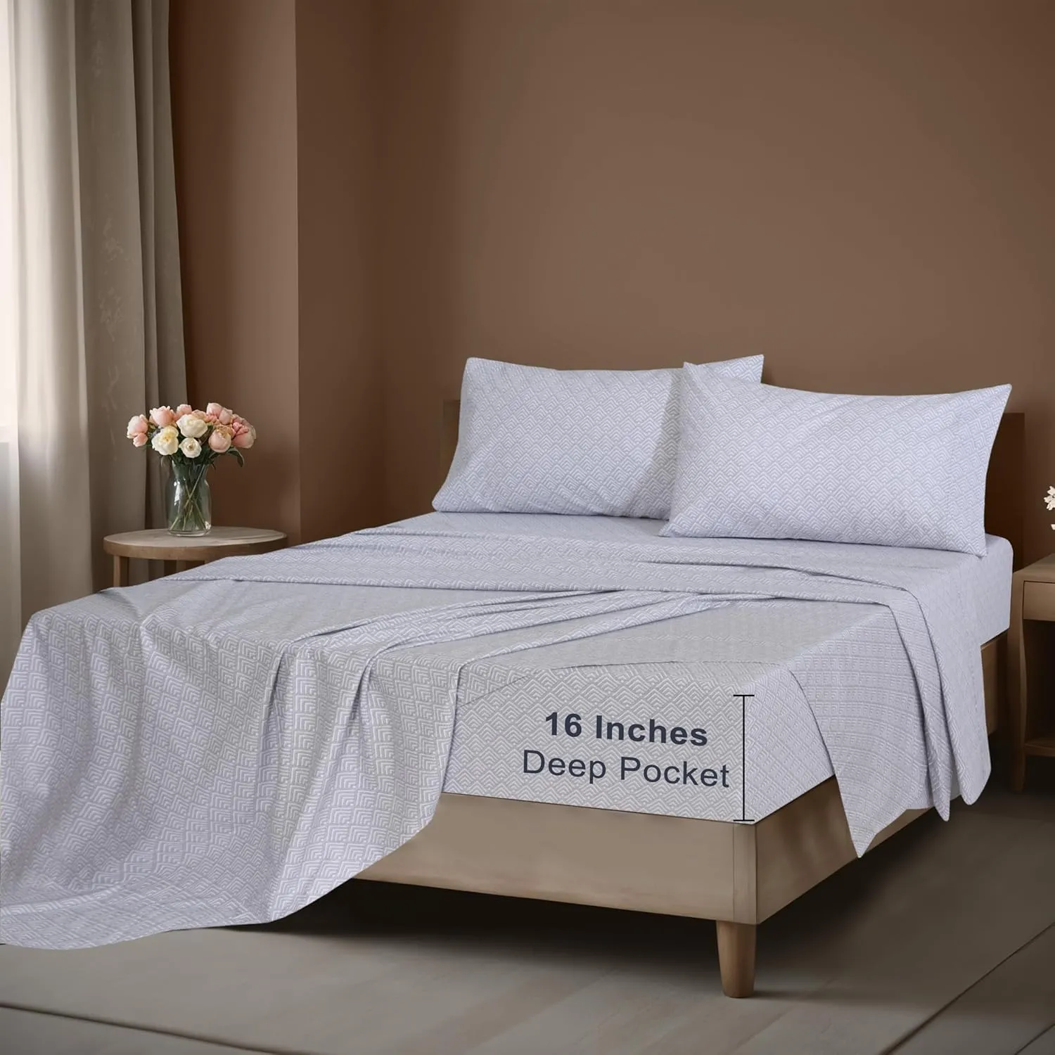 ZOYER 100% Cotton Sheets - Cooling & Crisp Queen Size Percale Sheets, 16" Deep Pockets Bed Set, Lightweight & Breathable, Durable, 4 Pieces, Diamond Box