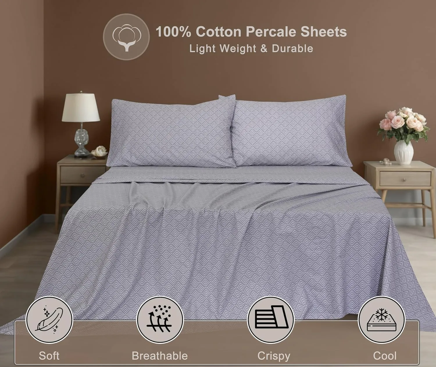 ZOYER 100% Cotton Sheets - Cooling & Crisp Queen Size Percale Sheets, 16" Deep Pockets Bed Set, Lightweight & Breathable, Durable, 4 Pieces, Diamond Box