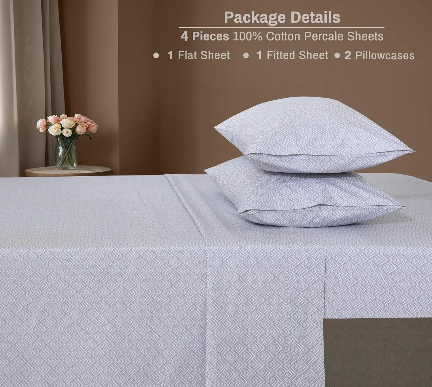 ZOYER 100% Cotton Sheets - Cooling & Crisp Queen Size Percale Sheets, 16" Deep Pockets Bed Set, Lightweight & Breathable, Durable, 4 Pieces, Diamond Box