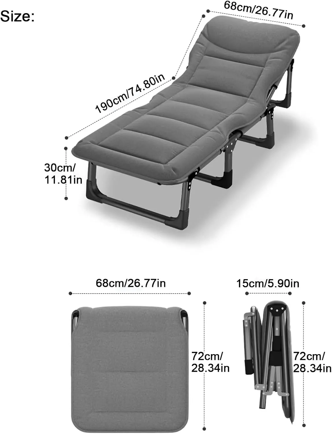 ZTGL A,190x68cm, Folding Camping Cots for Adults, Guest Bed Portable, Adjustable 4-Position Reclining Folding Chaise, Camping Lounge Chair, Office Nap Folding Lounge Chairs